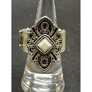 Paparazzi Impressive Trek Record White Bead Scalloped Silvertone Frame Ring adj.